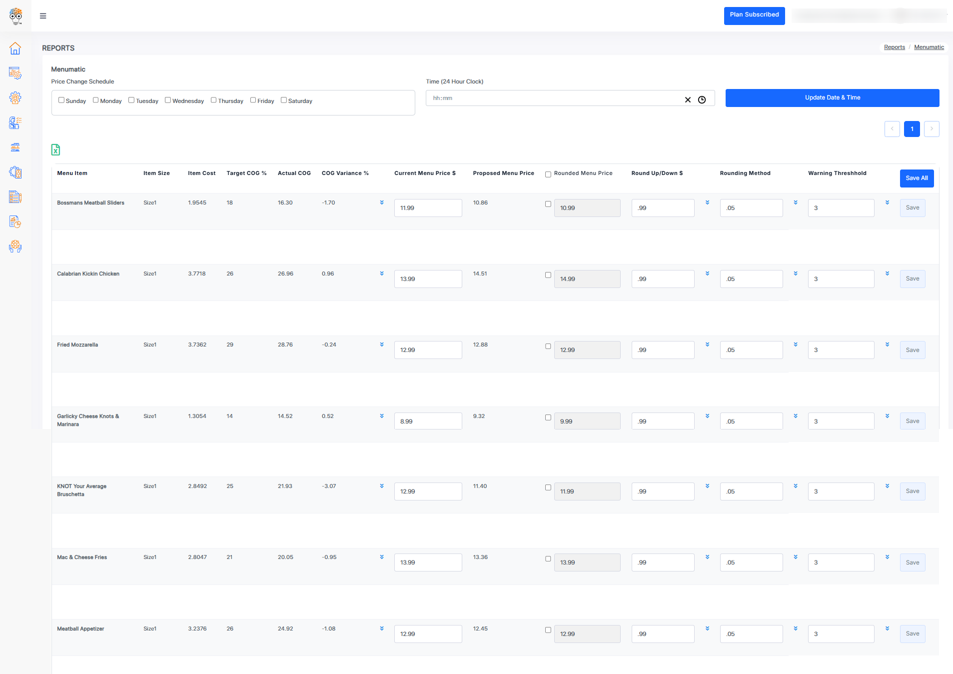 Live menu costing analytics screen