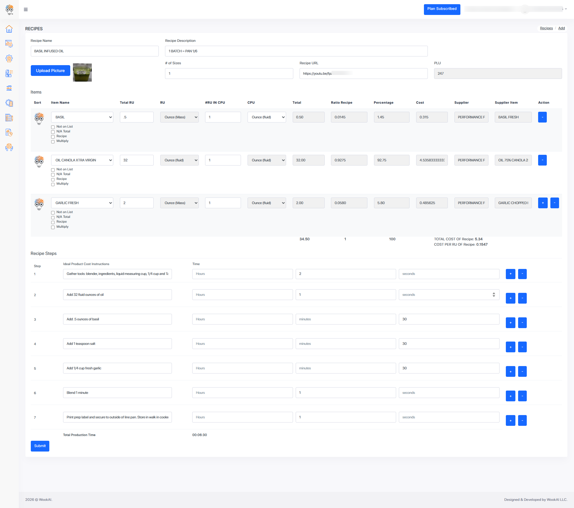 Live recipe costing and prep management screen
