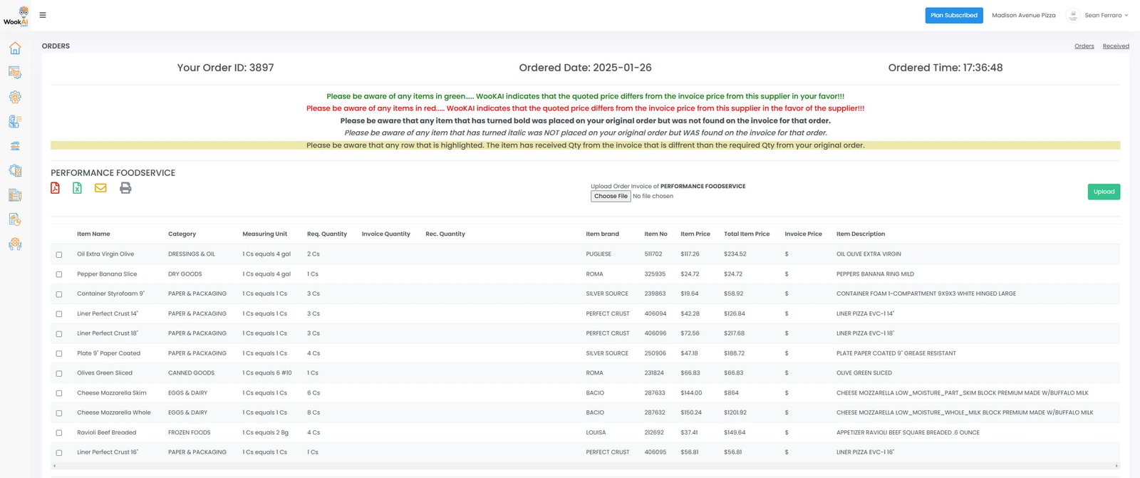 WookAI invoice auditing screen flagging price variances against quoted supplier pricing