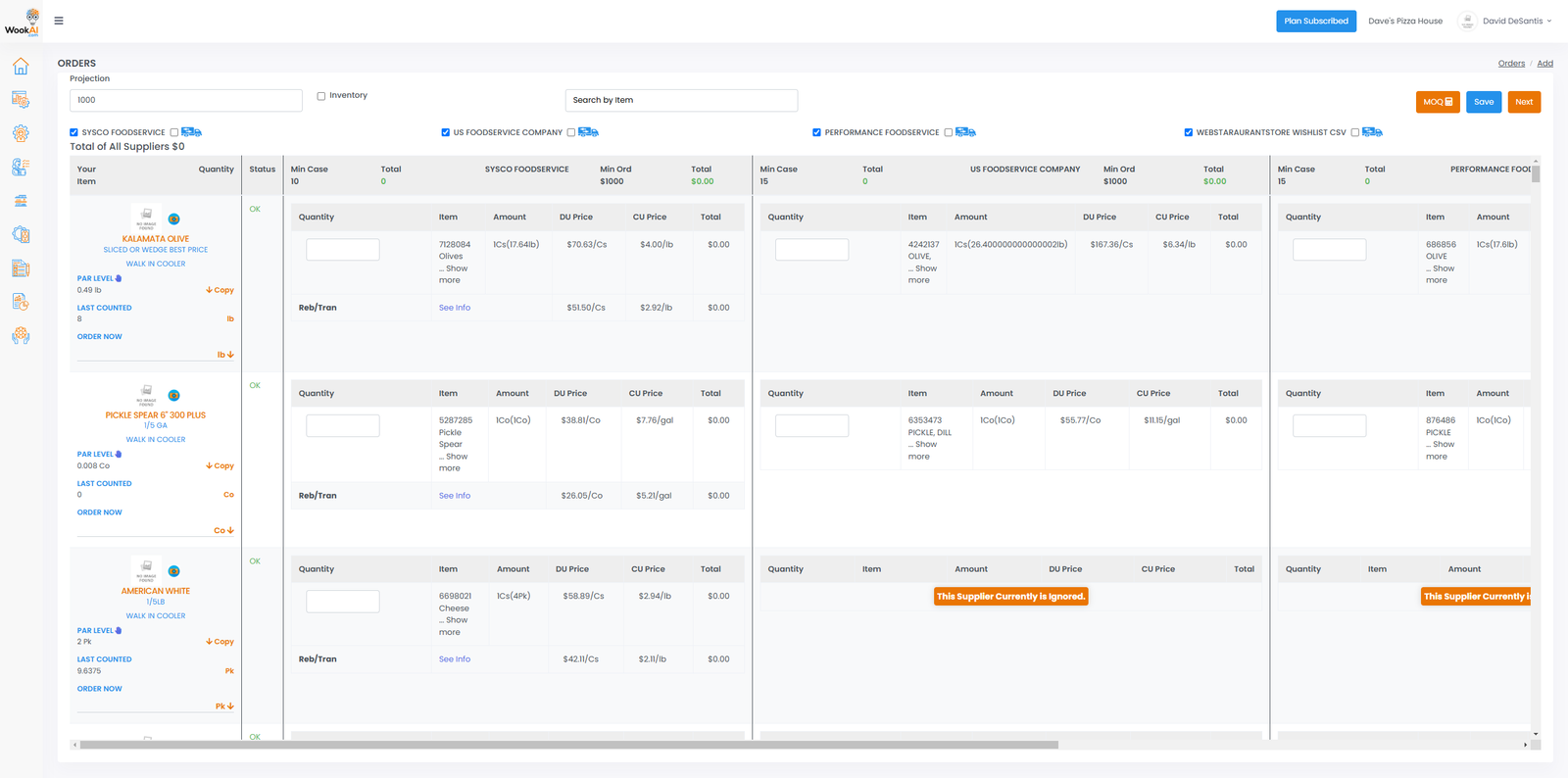 WookAI ordering page comparing live supplier prices while building an order